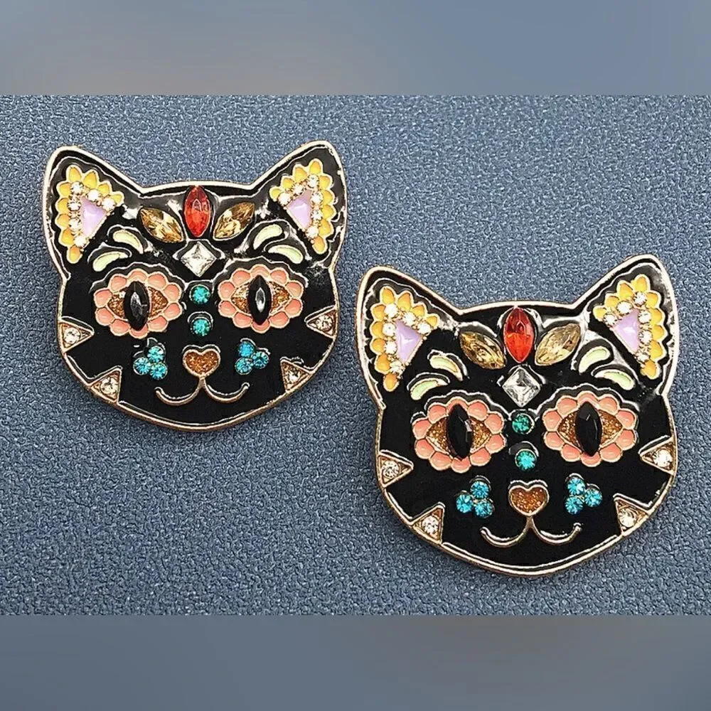 EARRINGS! Betsey Johnson Kitty Kat Rhinestone and Steel Stud Earrings BNWT